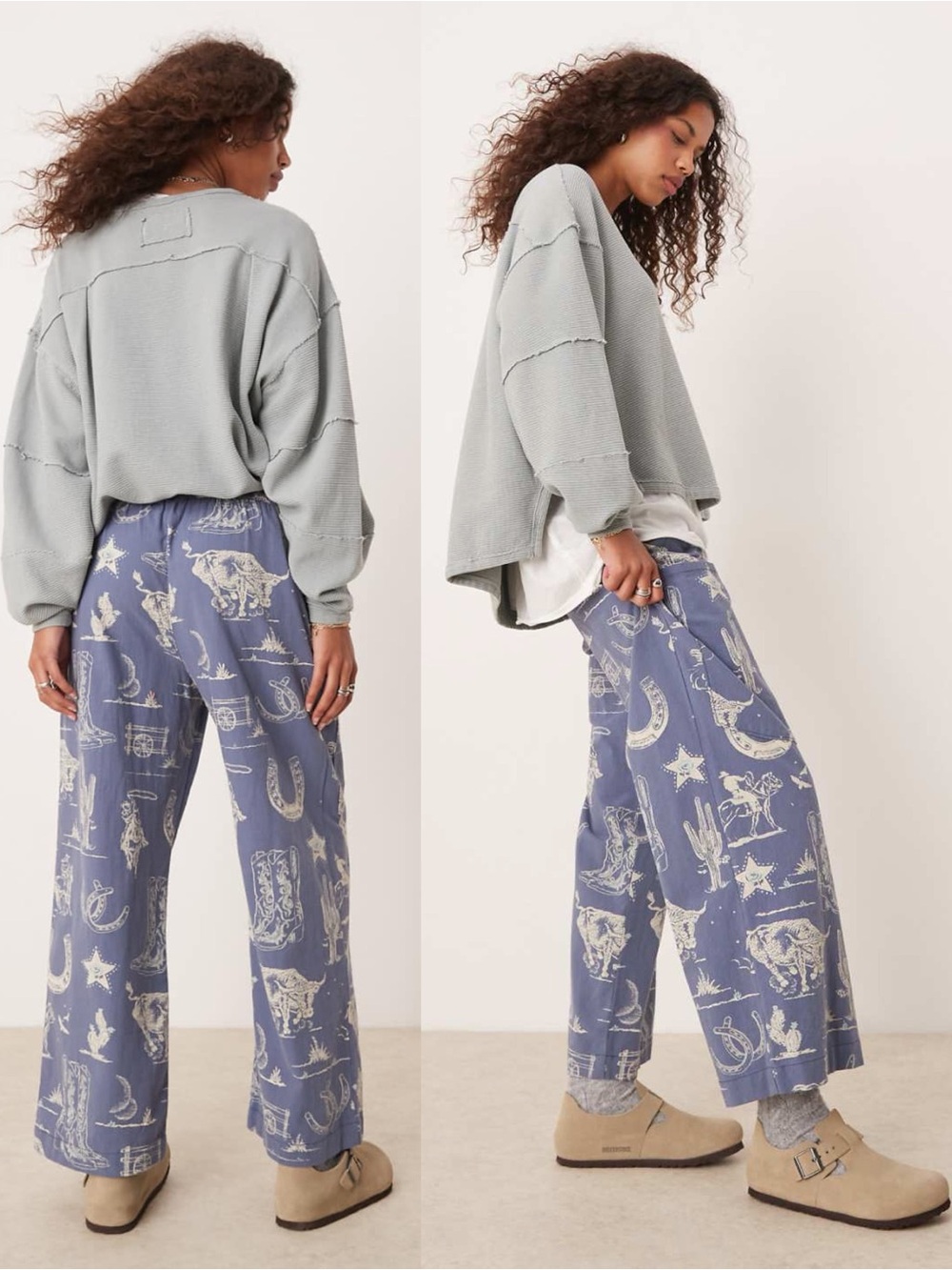 Free People Seaside Pull-On Pants Blue Western Print Cotton Size Medium - Picture 3 of 16